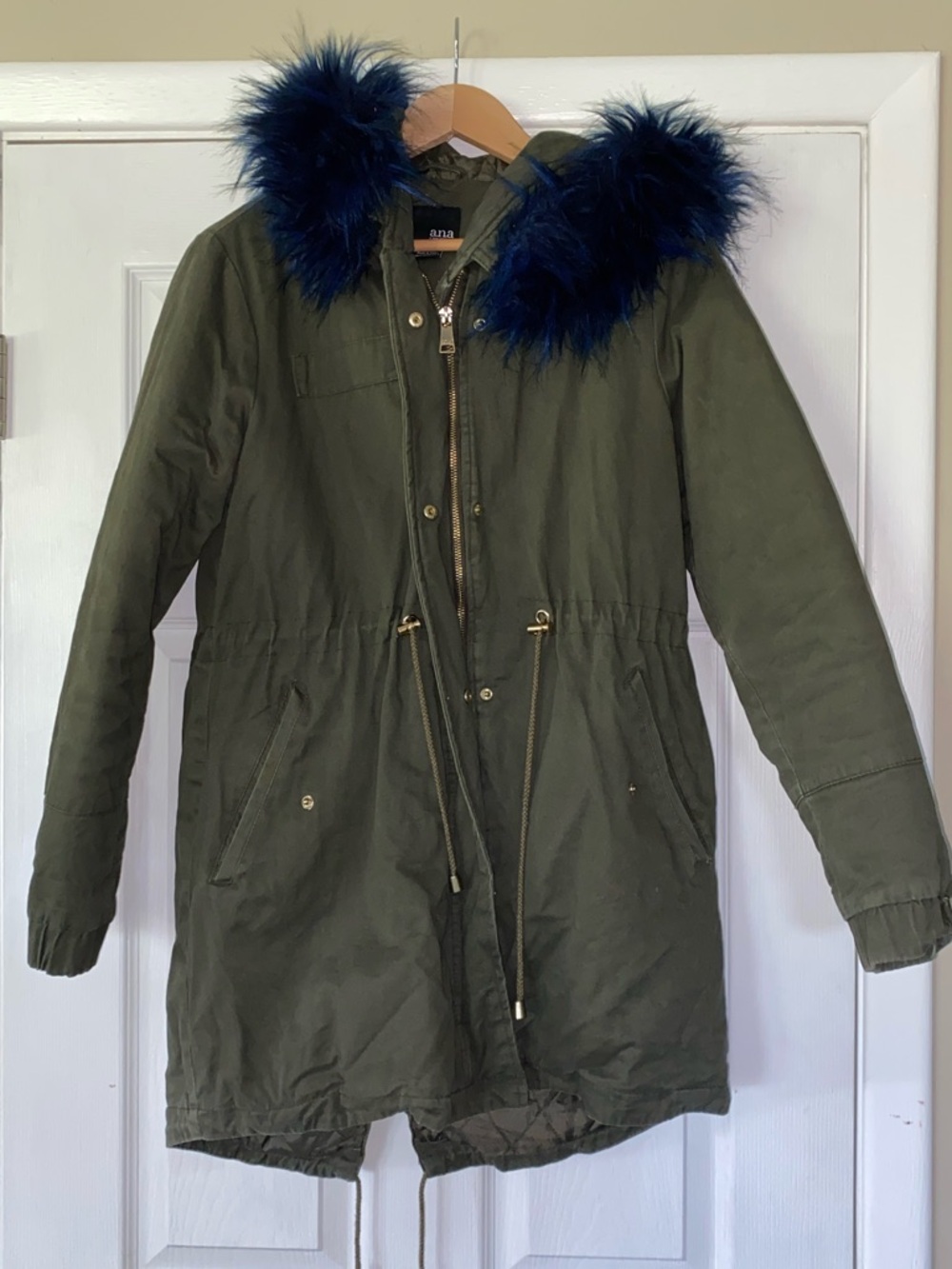 a.n.a Olive Green Utility Anorak with Navy Faux-Fur Trim